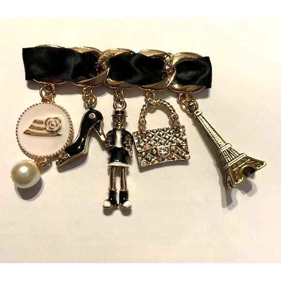 Brooch Pin with charms Satin Ribbon Gold Hardware - Picture 1 of 4